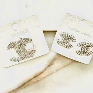 Chic Silver Crystal Brooch with Pearl Accent and pair of earrings